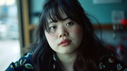 Sticker - A young Asian woman with Down syndrome looks directly at the camera