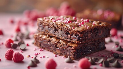 An attractive pink background with a tasty brownie topped with chocolate