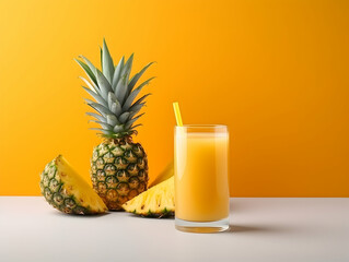 A Glass of pineapple juice with slice of pineapple, Refreshing and healthy pineapple juice ice in a glass with summer background, pineapple juice photo