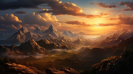 A dramatic sunset behind a majestic mountain range, casting a golden glow over the peaks and creating long shadows in the valley below. 