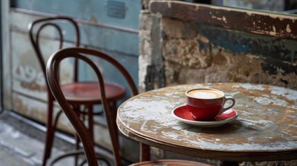 Wall Mural - A red coffee cup sits on a table in front of a chair