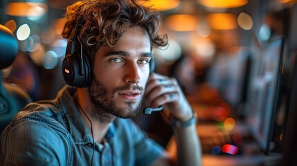 A customer service agent is working, an individual with a headset is making a call, and a businessman is making a decision over the phone