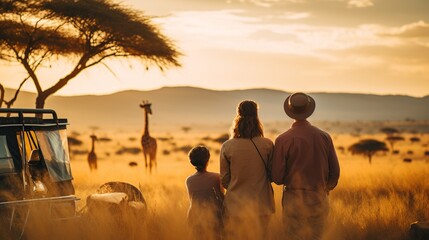 A family enjoying a safari in the Serengeti, with zebras and giraffes grazing in the background. 