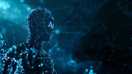 letters ai over futuristic humanoid with glowing network connections, digital artificial intelligenc