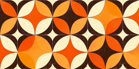 Wall Mural - Retro Geometric Pattern with Symmetrical Floral Motifs in Orange and Brown. Vintage Abstract Design