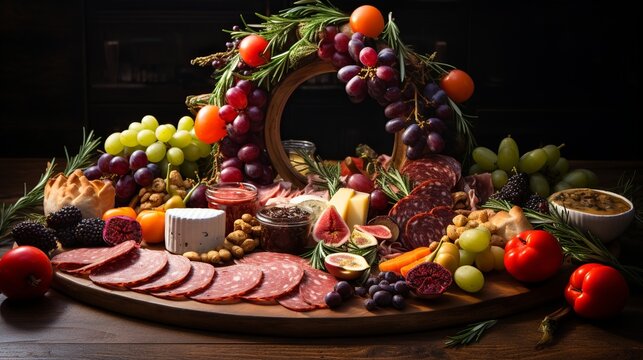 A festive charcuterie wreath made with assorted meats, cheeses, and festive garnishes --ar 16:9 --stylize 250 --v 5.2 Job ID: 3d485513-c108-469d-94a0-36c4364660f2