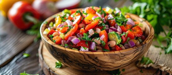 Poster - Colorful bean salad in wooden bowl