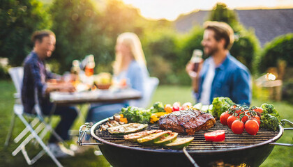 Sunset barbecue gathering: Grill loaded with meats and veggies, people blurred in background