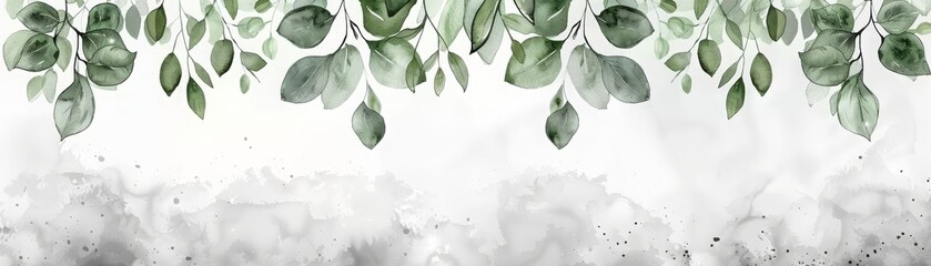 Green leaves watercolor on white marble texture background.
