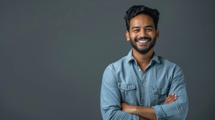 Man Smiling Grey Background. Portrait of Happy Indian Man in Fashionable Clothing