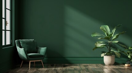 Wall Mural - Modern Living room with green armchair on empty dark green wall background. Generative Ai