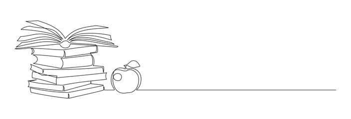 Aufkleber - One continuous line drawing of stack books and opened notebook with pages. School library symbol in simple linear style. Reading and writing concept in editable stroke. Outline vector illustration