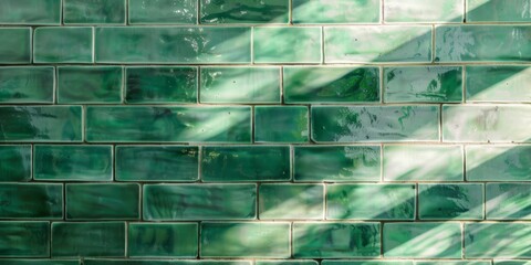 Wall Mural - Glossy Green Brick Tile Wall with Sunlight. Textured Green Ceramic Tiles with Natural Light