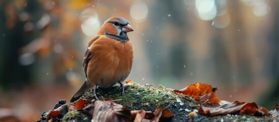Wall Mural - Hawfinch perched on a log in autumn
