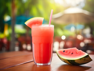 Wall Mural - A Glass of watermelon juice with slice of watermelon, Refreshing and healthy watermelon  juice ice in a glass with summer background, watermelon juice photo