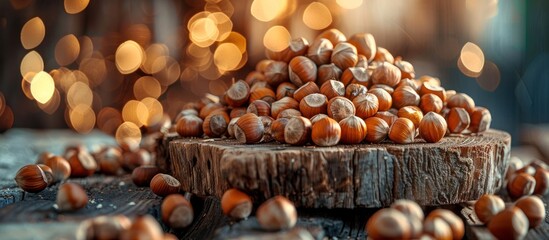 Pile of hazelnuts on rustic wooden surface