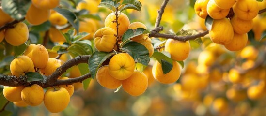 Wall Mural - Ripe quince fruit on a branch