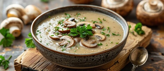 Wall Mural - A bowl of creamy mushroom soup, garnished with fresh parsley and topped with sliced mushrooms, sits on a rustic wooden board.