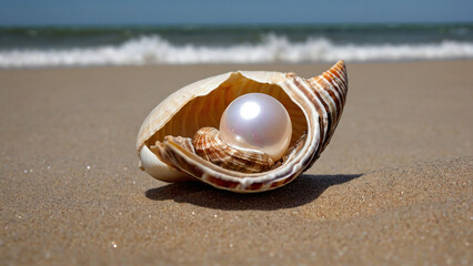Wall Mural - Beautiful pearls in a shell on the seashore,AI