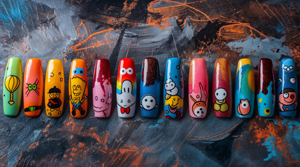 An arrangement of nails with whimsical cartoon characters and playful designs, cartoon nails, hd, with copy space