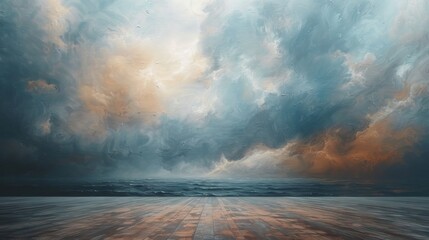 Wall Mural - abstract painting of stormy sky, soft and subtle colors, atmospheric, atmospheric light, wide angle, on empty floor in gallery space