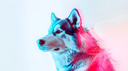 Wall Mural - 3D Holographic Virtual Reality Red and Blue Husky Isolated On White Background (Generative AI)