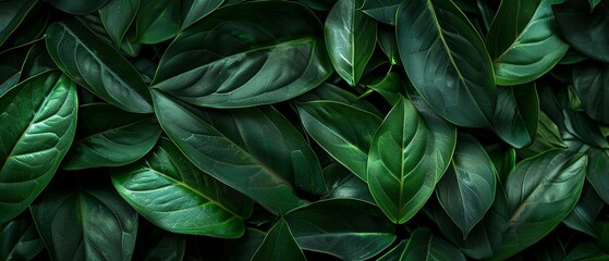 Sticker - A Closeup of Tropical Plant Leaves in a Lush Garden, Unveiling a Symphony of Dark Green Hues and Intricate Patterns, Ideal for Spa Backgrounds, Wallpapers, and Ornamental Designs