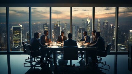 A group of businessmen in a high-rise office, intensely discussing strategies around a conference table.  