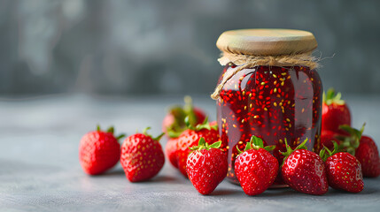 Glass jar of strawberry jam with a rustic lid, surrounded by fresh ripe strawberries on a gray textured background, creating a natural and appetizing composition.