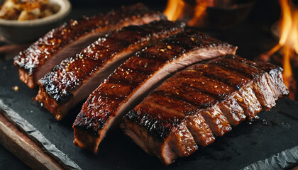 closeup of bbq pork ribs on the grill