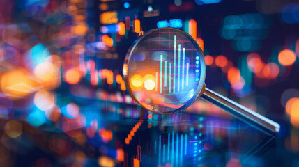Fototapete - Magnifying glass zooming in on digital financial graphs and charts against a glowing bokeh backdrop