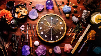 A table with a large round plate of stones and crystals, candles, and flowers.