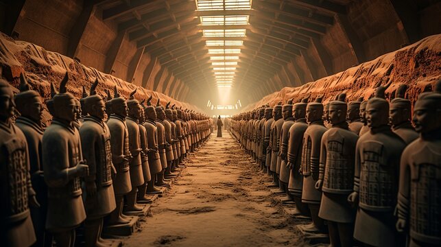 a historical scene of the terracotta army in xi'an, with rows of life-sized clay soldiers standing i