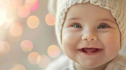 Wall Mural - A smiling baby wearing a knitted hat is looking happy