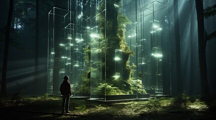 Wall Mural - A hyperrealistic forest where the trees are made of glass and light beams through - 