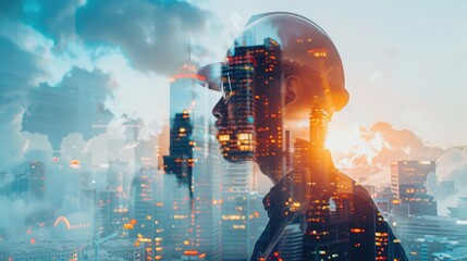 Canvas Print - Double exposure of a building engineer and a futuristic cityscape, highlighting innovative engineering solutions