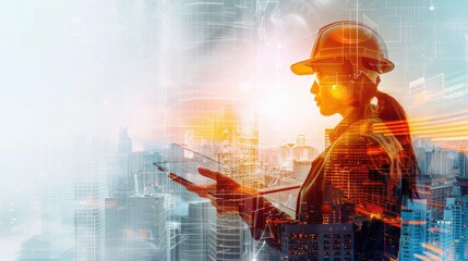 Canvas Print - Double exposure of a building engineer holding a model, overlaid with futuristic cityscapes and digital grids
