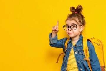 A young girl wearing glasses and a yellow jacket is pointing to the sky