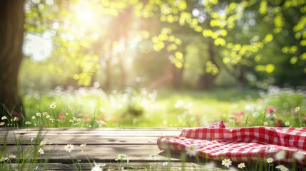 Poster - Product display and picnic concept with an empty rural table against a vibrant spring abstract bokeh backdrop