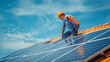 © chris3d - A technician in safety gear mounts solar panels on a house roof under a clear blue sky - Generative AI