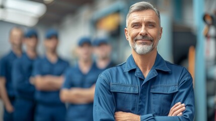 Wall Mural - A man in a blue shirt and blue pants is smiling and posing for a picture, profession engineer