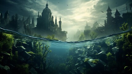 Wall Mural - A hyperrealistic view of a city submerged underwater with marine life swimming around  