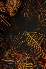 Wall Mural - Abstract luxury dark art background with hand drawn palm leaves in golden line style. Botanical banner with tropical plants for wallpaper, decor, packaging, print, interior design
