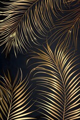 Wall Mural - Abstract luxury dark art background with hand drawn palm leaves in golden line style. Botanical banner with tropical plants for wallpaper, decor, packaging, print, interior design
