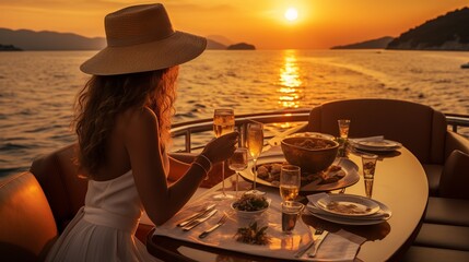 Wall Mural - A luxury traveler enjoying a sunset dinner on a private yacht, with the horizon stretching out into the endless ocean  