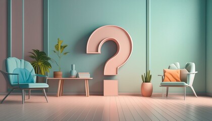 Wall Mural - Question mark on wall in pastel room who, what and why 