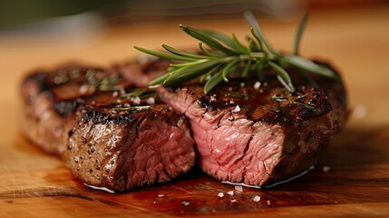 Wall Mural - A seared steak, sliced to show the juicy rare interior, with rosemary garnish.