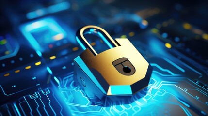 A golden padlock secured on a circuit board