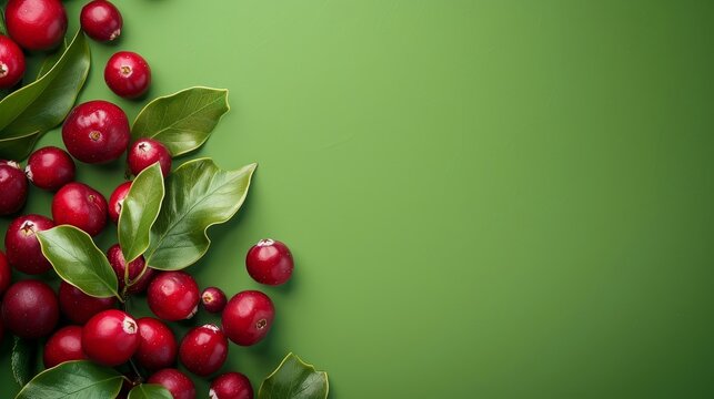 Fresh and sweet cranberries whith leaves on a green background. Top view and copy space