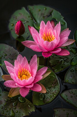 Wall Mural - Bright pink lotus flowers with large green leaves in the lake water